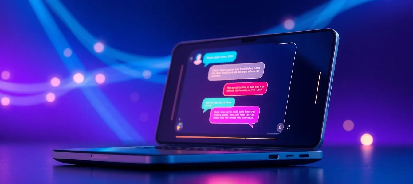 Futuristic chatbot interface on a digital device with vibrant colors and holographic chat window.