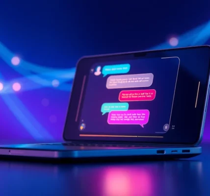 Futuristic chatbot interface on a digital device with vibrant colors and holographic chat window.