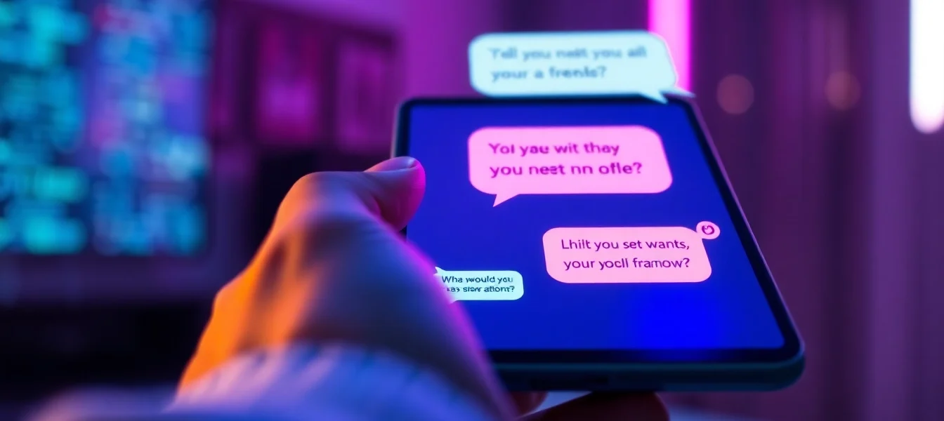 Close-up of a modern device showing a vibrant AI chat conversation with neon accents and digital background.
