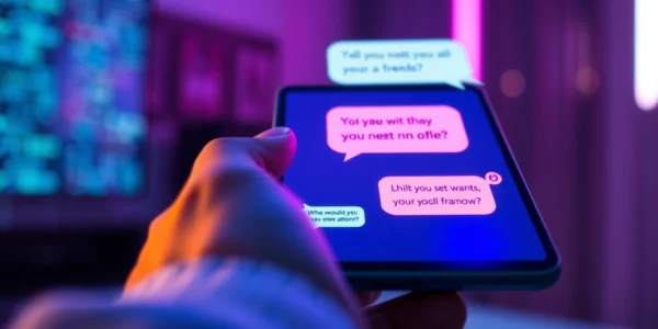 Close-up of a modern device showing a vibrant AI chat conversation with neon accents and digital background.