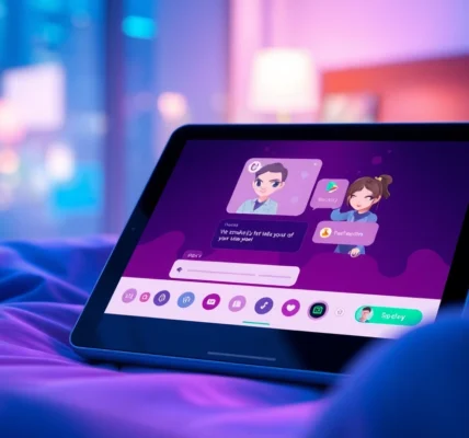 Futuristic AI chat interface on a tablet with customizable characters in a cozy, high-tech environment.