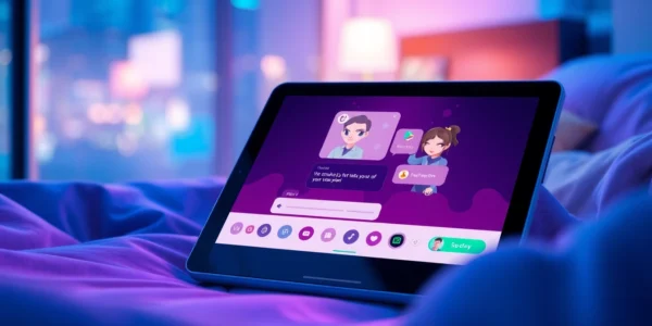 Futuristic AI chat interface on a tablet with customizable characters in a cozy, high-tech environment.