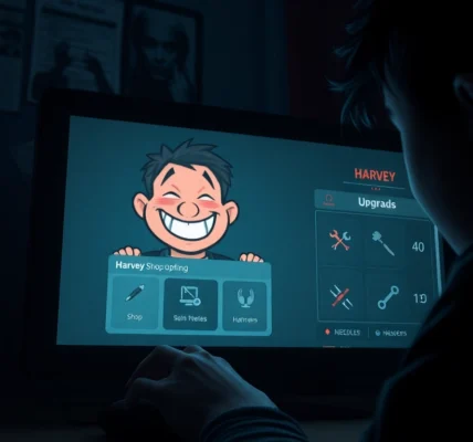 An unsettling image of a person playing a dark psychological horror game with a distressed cartoon character on the screen, highlighting the moral dilemma and disturbing atmosphere.