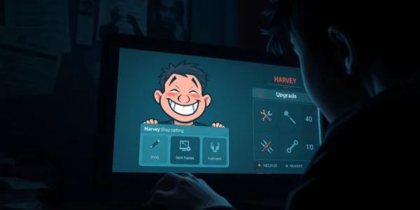 An unsettling image of a person playing a dark psychological horror game with a distressed cartoon character on the screen, highlighting the moral dilemma and disturbing atmosphere.