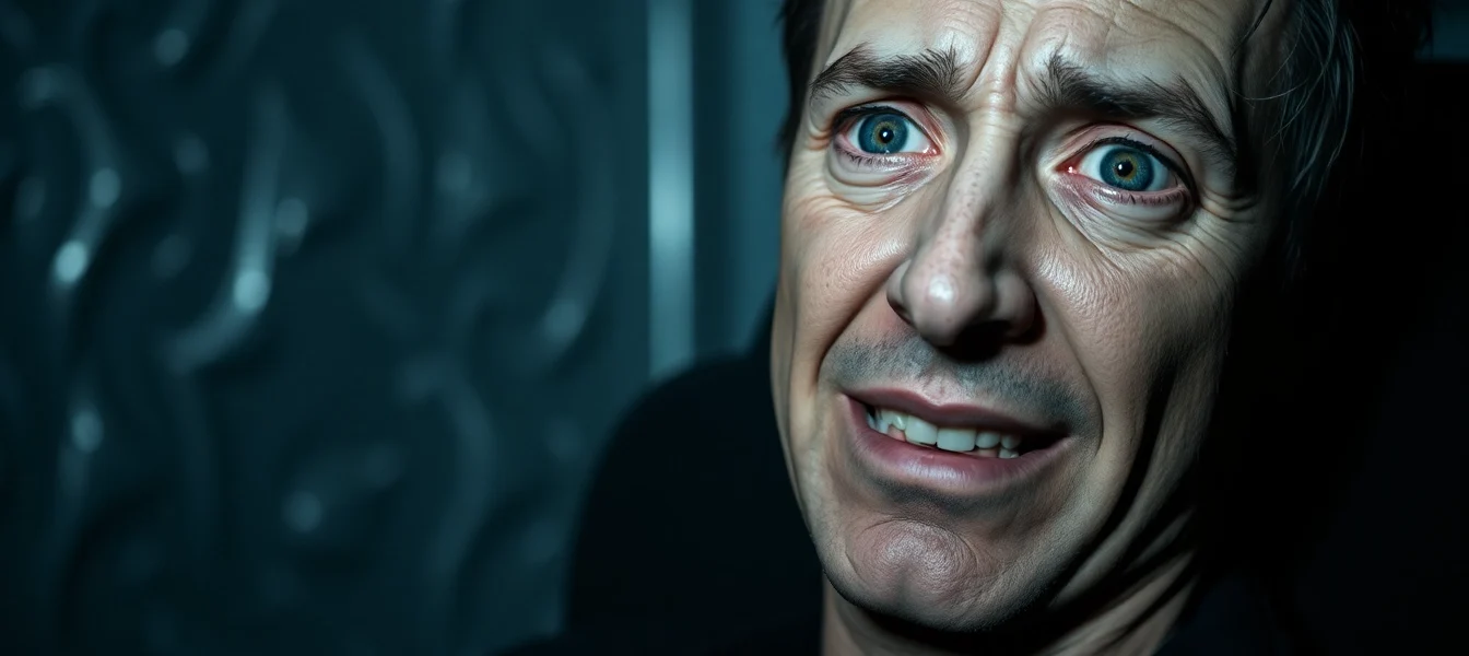 Close-up of a distressed Harvey with fearful eyes and a strained smile in a dark, clinical setting.