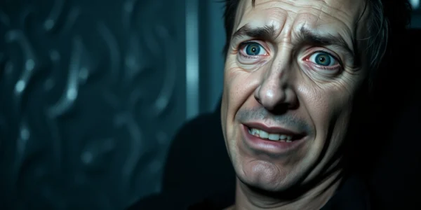Close-up of a distressed Harvey with fearful eyes and a strained smile in a dark, clinical setting.