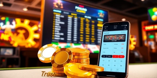 Gold365 online betting platform logo with bustling casino and sports interface in the foreground, symbolizing trusted gambling services.