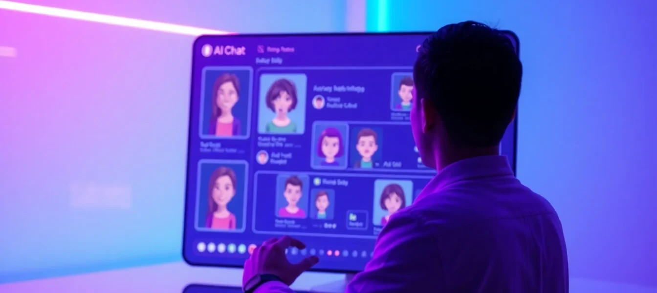 Digital illustration of a futuristic chat interface featuring customizable AI characters in vibrant colors with glowing accents and a user engaging in conversation.