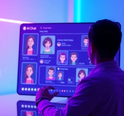 Digital illustration of a futuristic chat interface featuring customizable AI characters in vibrant colors with glowing accents and a user engaging in conversation.