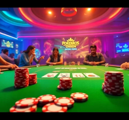 Engaging poker game at the Pokerbros Paradise Union with passionate players and vibrant visuals enhancing the experience.