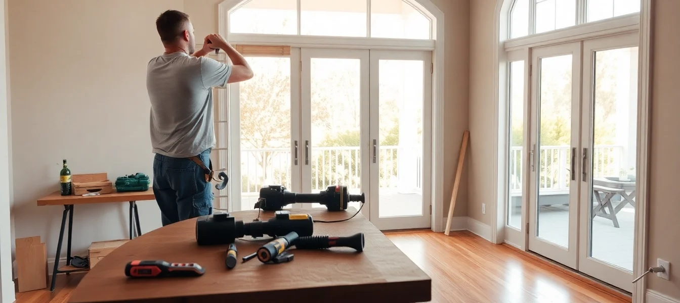 Replace a sliding glass door: contractor installing a new frame in a bright, modern living space.
