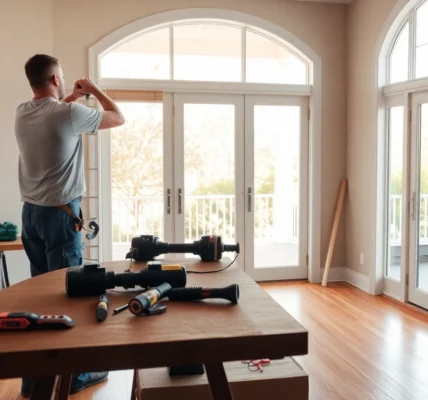 Replace a sliding glass door: contractor installing a new frame in a bright, modern living space.