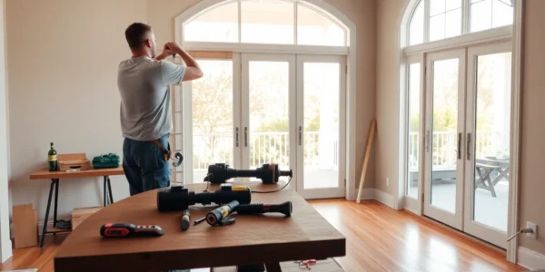Replace a sliding glass door: contractor installing a new frame in a bright, modern living space.