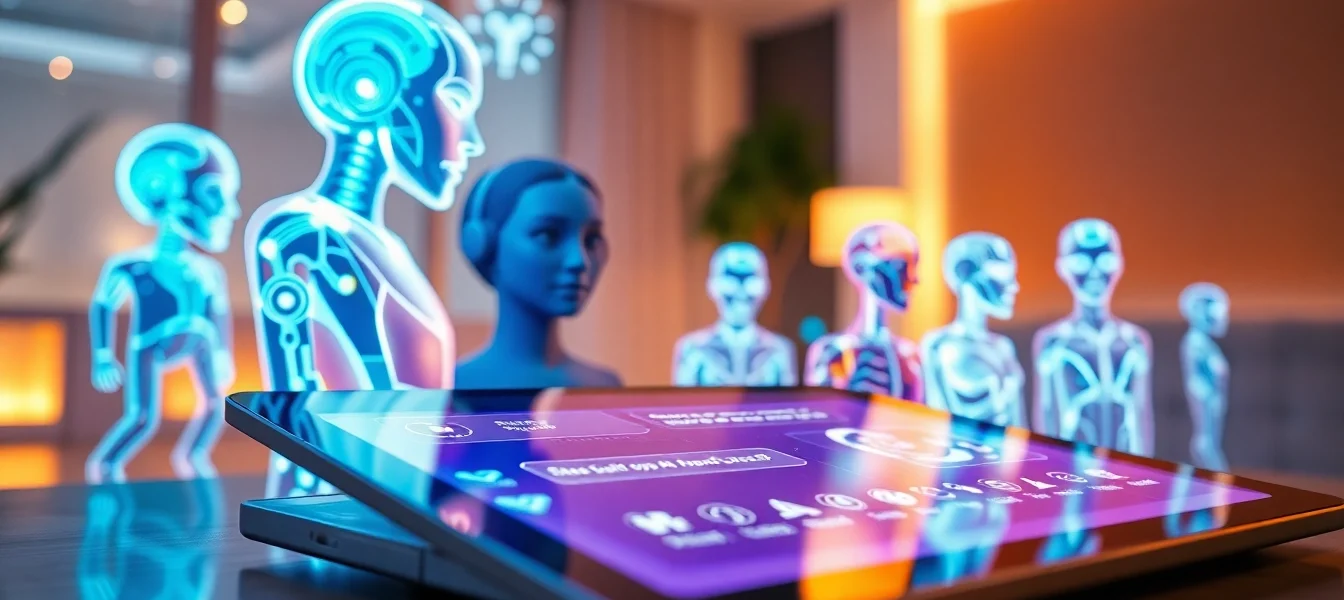 Futuristic chatbot interface with holographic AI characters on a tablet screen in a modern setting.