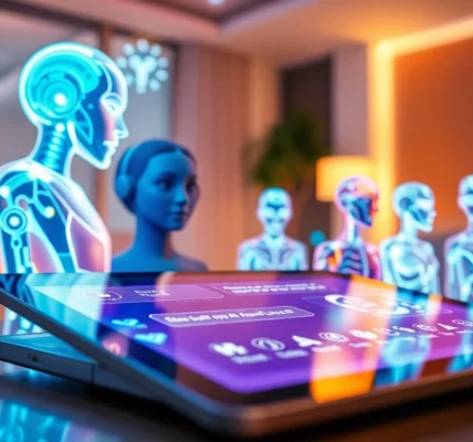 Futuristic chatbot interface with holographic AI characters on a tablet screen in a modern setting.