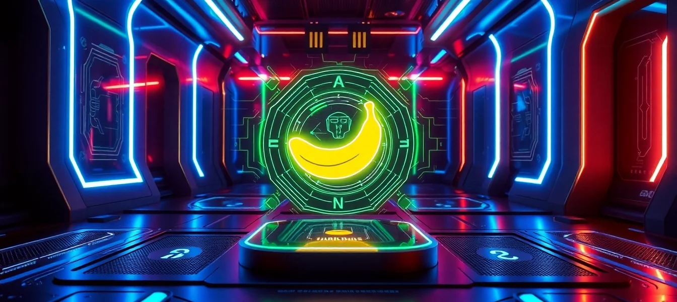 Futuristic AI interface with holographic banana in a high-tech environment