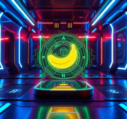 Futuristic AI interface with holographic banana in a high-tech environment