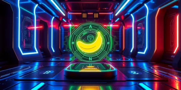 Futuristic AI interface with holographic banana in a high-tech environment