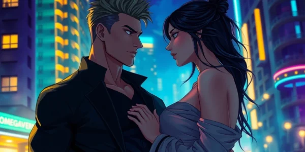 An artistic depiction of two characters representing the Omegaverse, with a cityscape background and dramatic lighting.