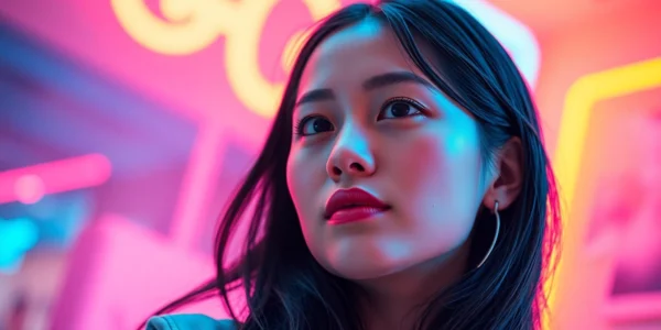 AI girlfriend engaging in realistic conversation, showing emotional connection in a modern digital setting.