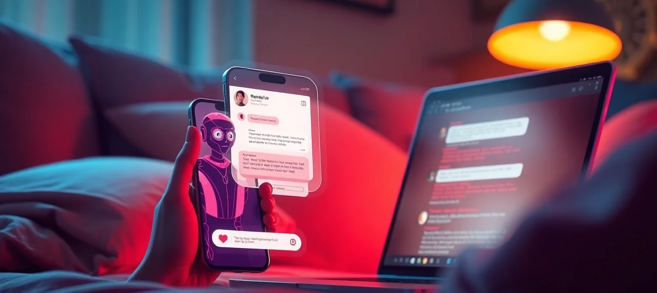 A digital illustration of a smartphone and desktop displaying a chat with a customizable AI character in a cozy, dimly lit room.