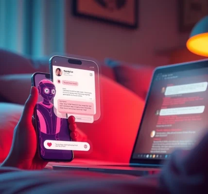 A digital illustration of a smartphone and desktop displaying a chat with a customizable AI character in a cozy, dimly lit room.