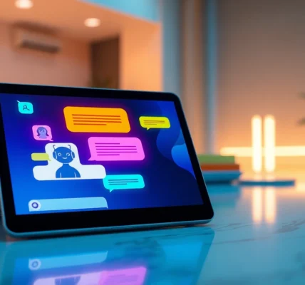 A futuristic digital chat interface on a tablet with colorful speech bubbles and a modern workspace background.