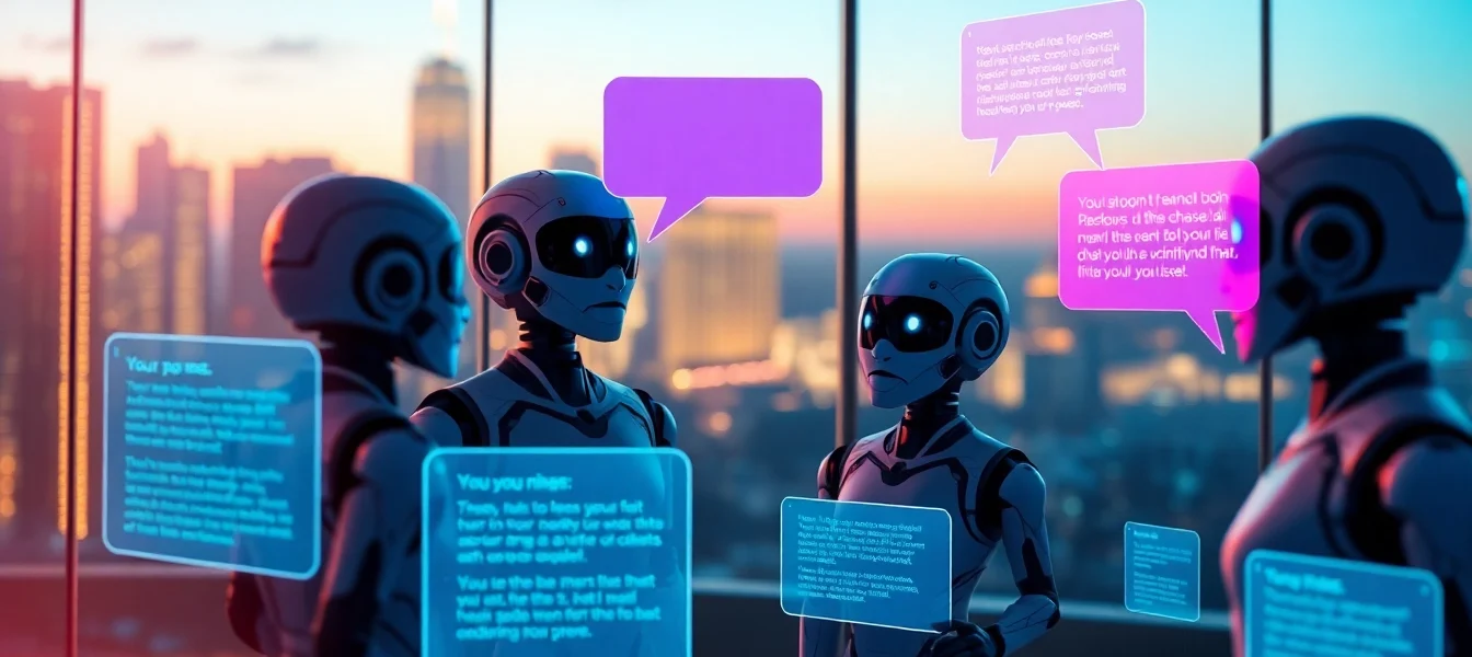 Futuristic chatbot interface with multiple AI characters in a glowing cityscape at dusk