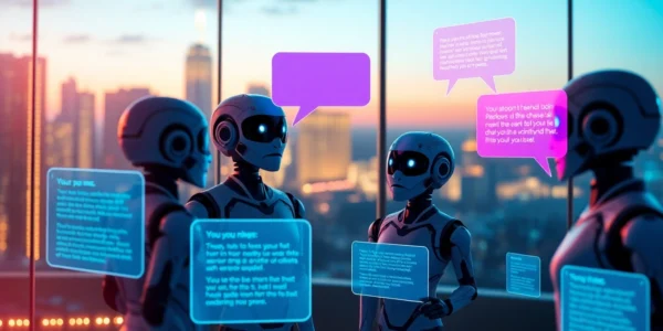 Futuristic chatbot interface with multiple AI characters in a glowing cityscape at dusk