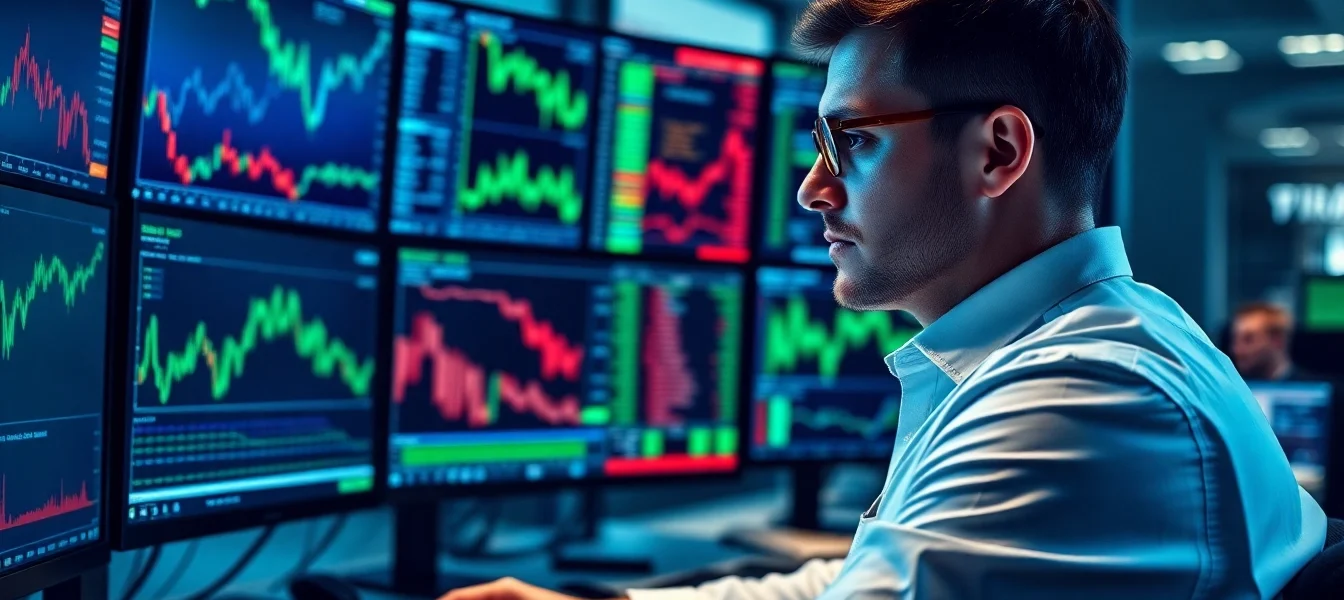 Online Stock Trading UK Professional trader using multiple monitors with stock charts for