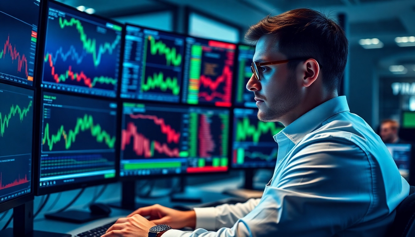 Online Stock Trading UK Professional trader using multiple monitors with stock charts for
