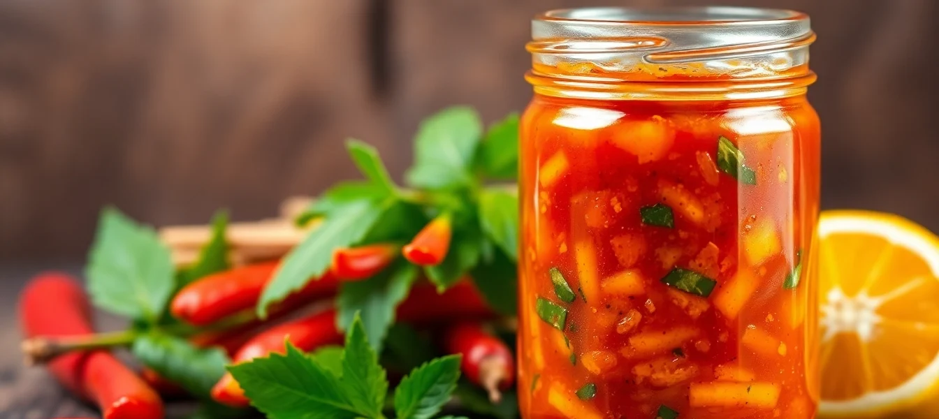 Schezwan Chutney served on a wooden table with fresh chili peppers for a flavorful Indian condiment