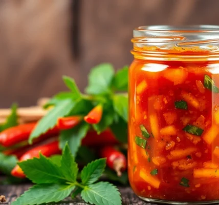 Schezwan Chutney served on a wooden table with fresh chili peppers for a flavorful Indian condiment