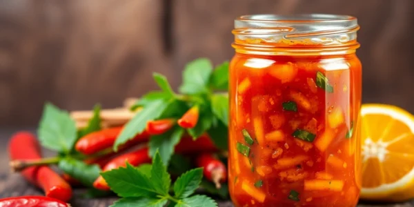 Schezwan Chutney served on a wooden table with fresh chili peppers for a flavorful Indian condiment