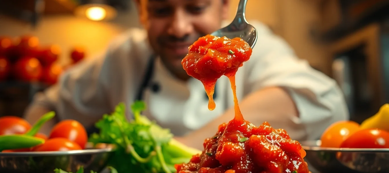Schezwan Chutney served in a bowl with fresh ingredients and cooking utensils for authentic flavor