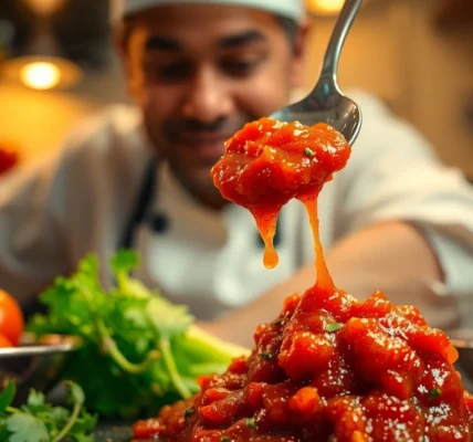 Schezwan Chutney served in a bowl with fresh ingredients and cooking utensils for authentic flavor