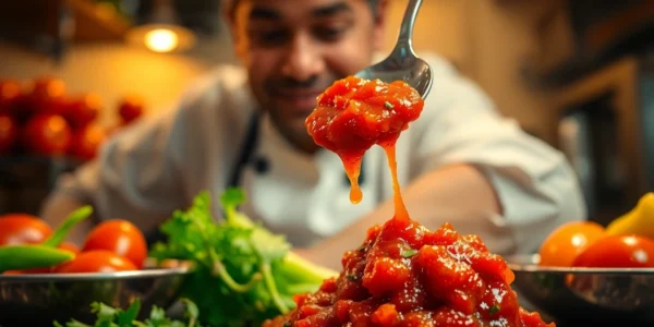 Schezwan Chutney served in a bowl with fresh ingredients and cooking utensils for authentic flavor