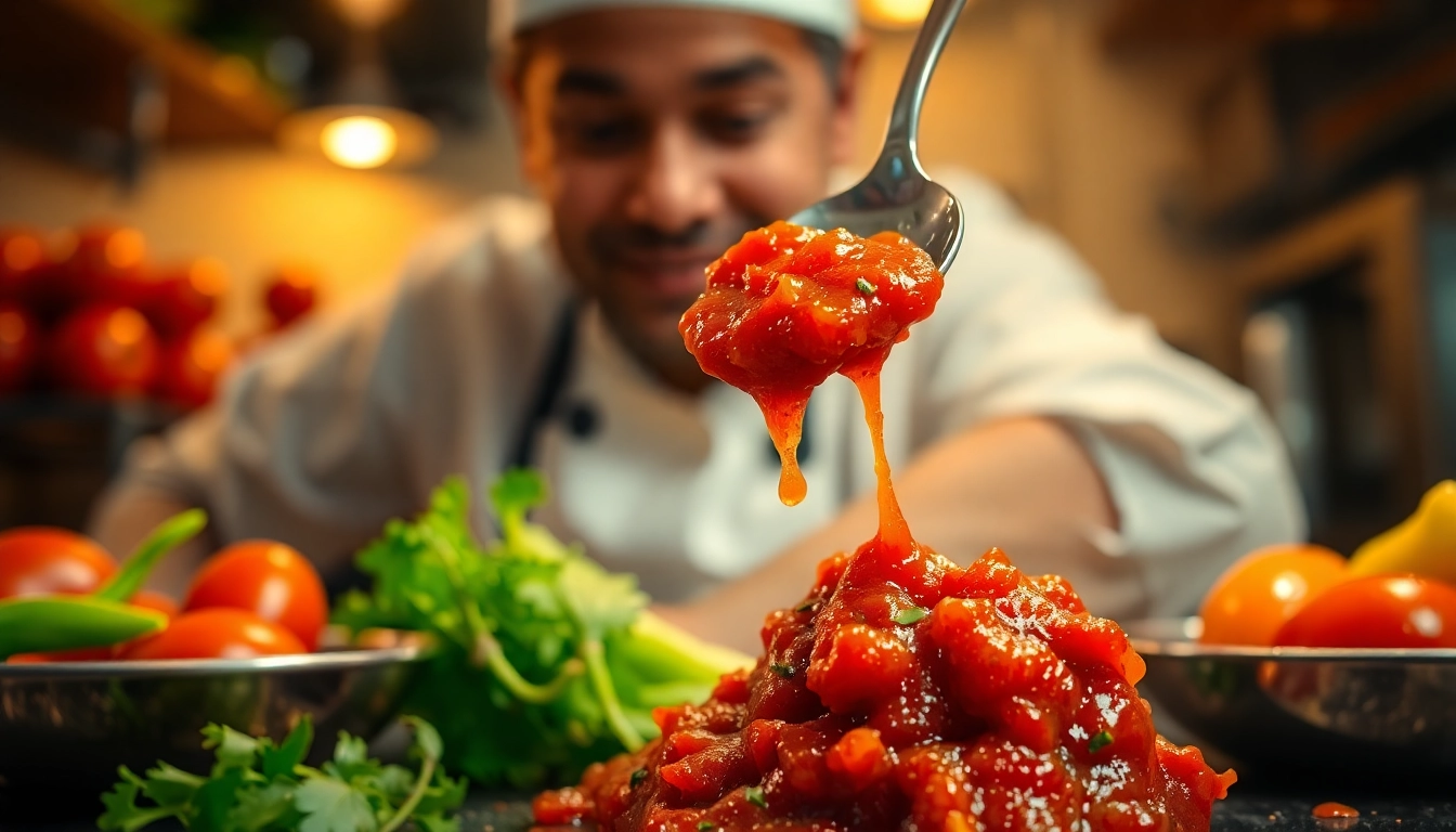Schezwan Chutney served in a bowl with fresh ingredients and cooking utensils for authentic flavor